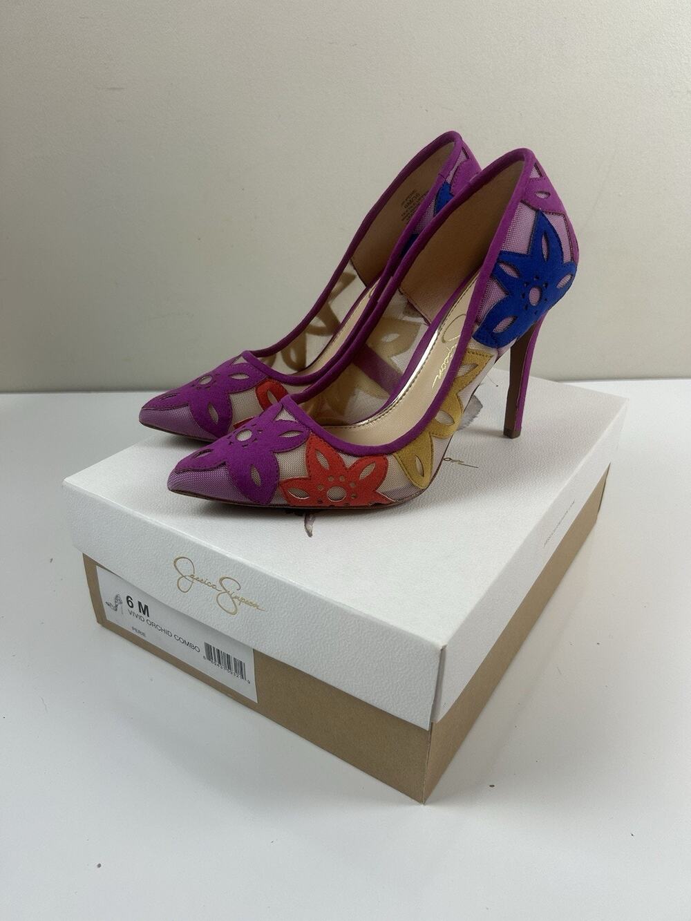 Jessica Simpson Perie Pumps Heel Floral Embroidered Sheer Mesh Womens Sz 6 Pink